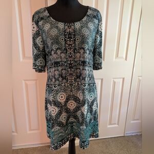 Elegant Teal and Black Patterned Dress XL